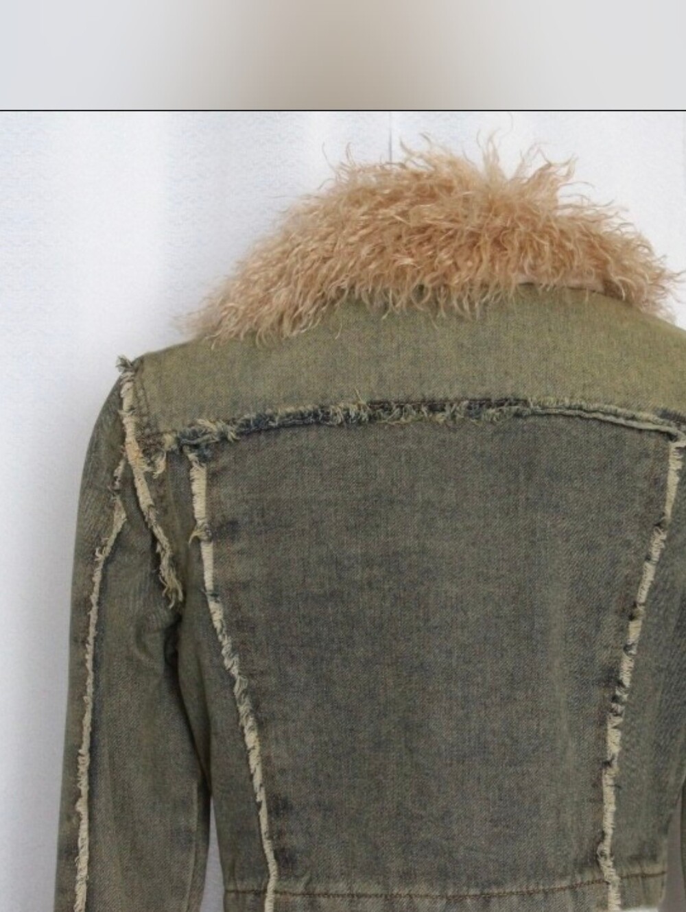 Windsor Scene Stealer Faux Fur Crop Denim Jacket Olive Acid Wash NWT - Picture 2 of 8